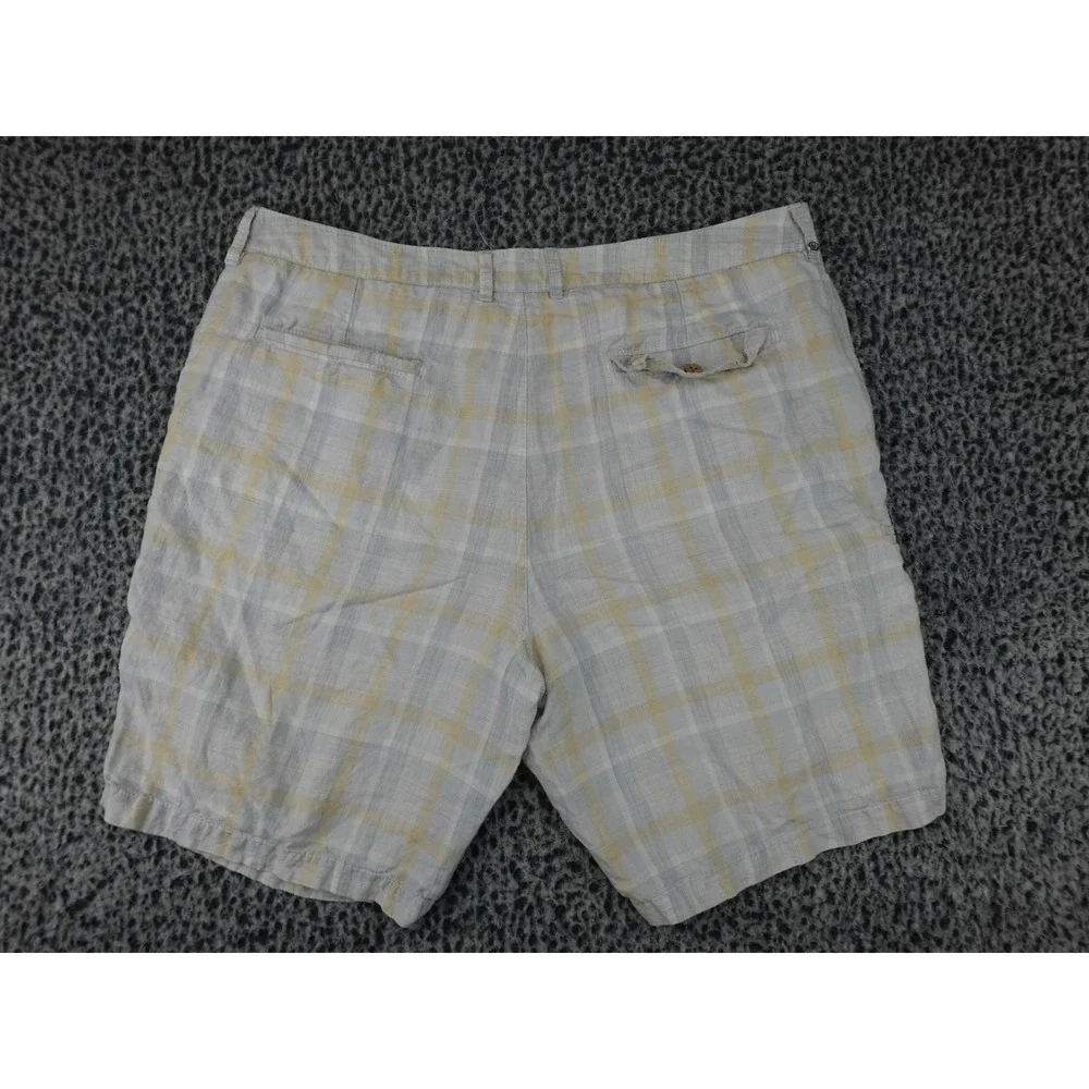 Tommy Bahama Relax Shorts Mens 40 Blue Yellow‎ Plaid 100% Linen Casual Cargo